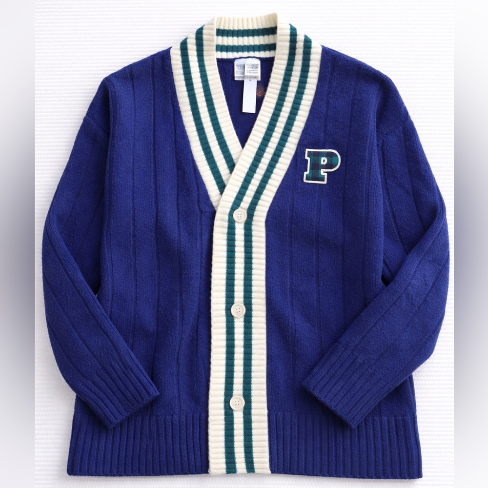 PINK VS Varsity Cardigan Blue Plaid Stripe Cozy Preppy XL NWT